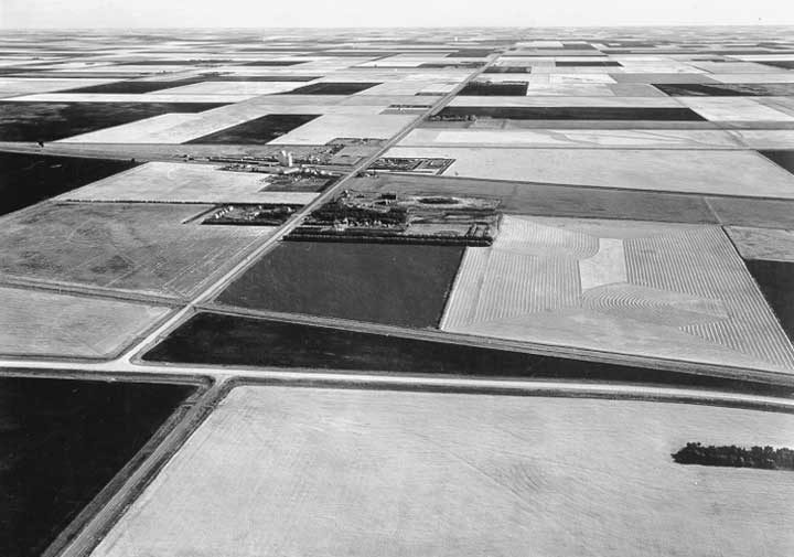 An aerial view of prairie farmland