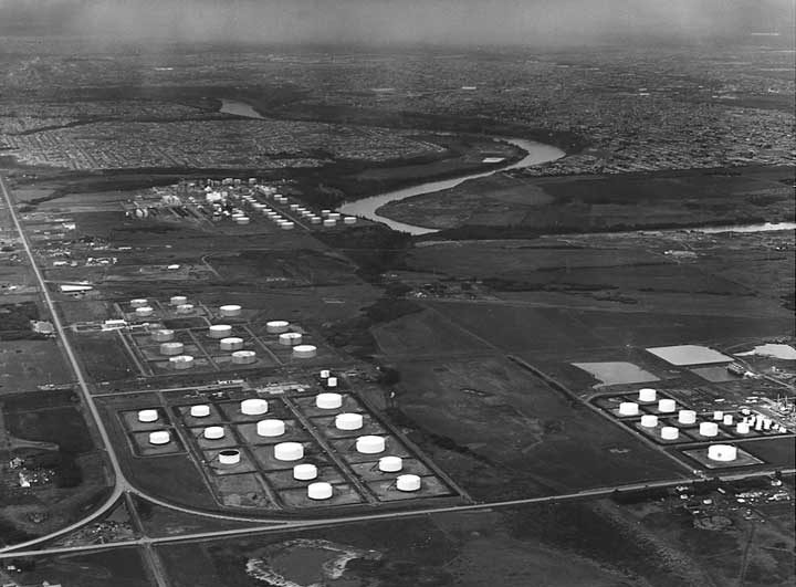 An aerial view of oil storage tanks in an industrial sector near Edmonton