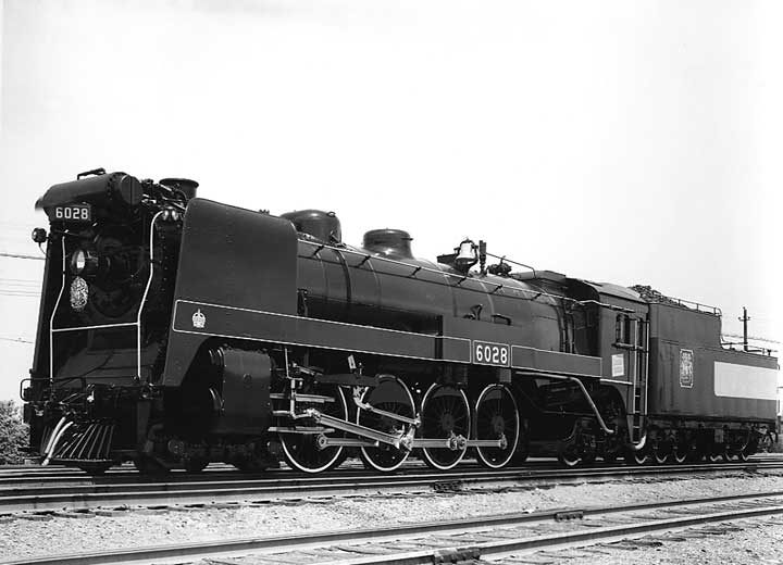 A side view of Canadian National Railways steam locomotive no. 6028 used to haul the Royal Train during the 1939 Royal Tour of Canada