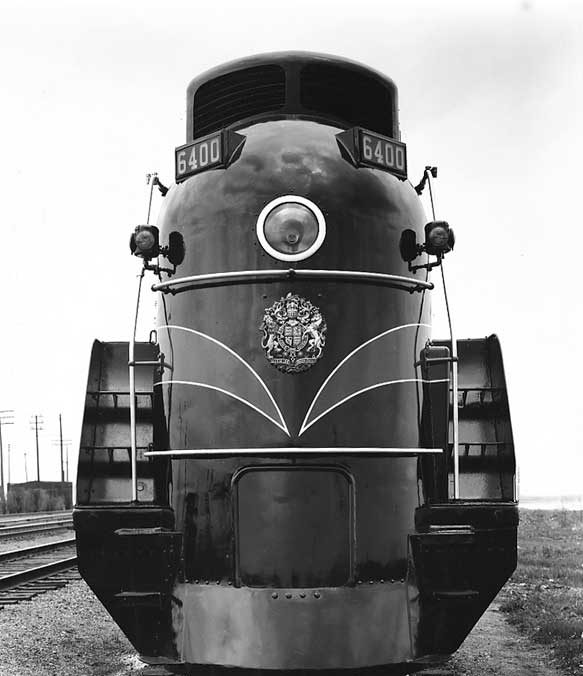 A front view of Canadian National Railways steam locomotive no. 6400 showing Royal Coat of Arms for 1939 Royal Tour of Canada