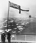 Steamship carrying their Majesties to their 1939 Royal Tour of Canada passes through an ice flow