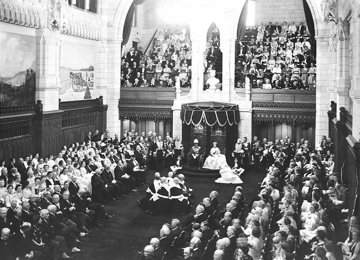Their Majesties King George VI and Queen Elizabeth preside over a session of the Senate during the 1939 Royal Tour of Canada