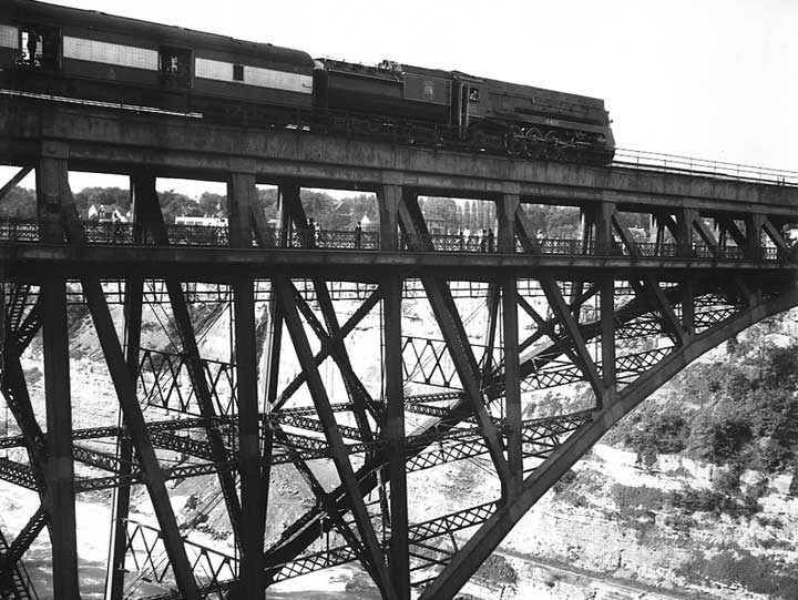 The Canadian National Railway train carries their Majesties across the Niagara River during the 1939 Royal Tour of Canada