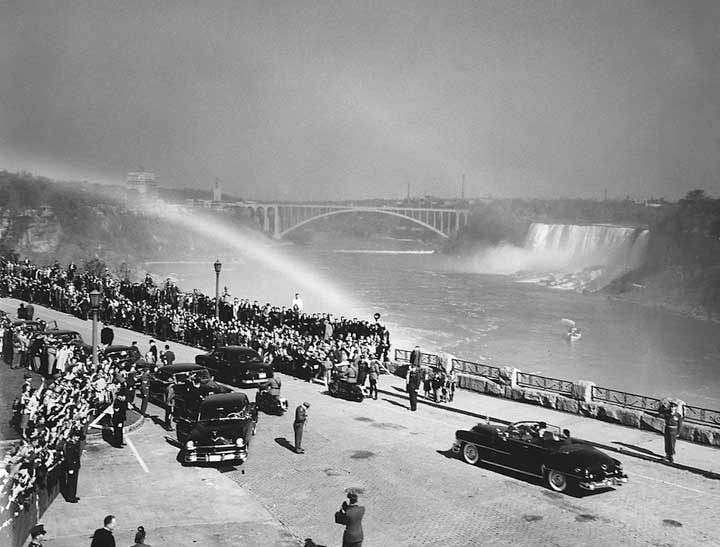 Princess Elizabeth and the Duke of Edinburgh arriving at Niagara Falls during the 1951 coast-to-coast Royal Tour of Canada