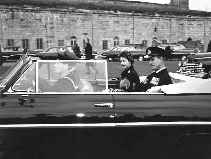 Princess Elizabeth and the Duke of Edinburgh leave the Citadel by automobile during the 1951 coast-to-coast Royal Tour of Canada