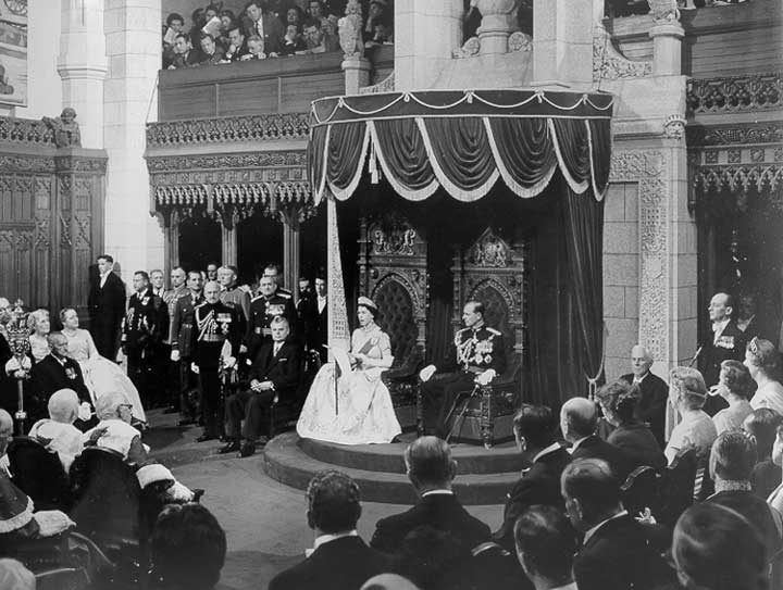 Queen Elizabeth II opens the 1st session of the 23rd Parliament of Canada during her Royal visit in 1957