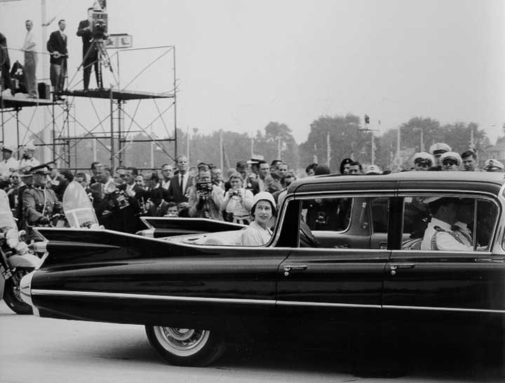 Queen Elizabeth in tour car during the 1959 Royal Tour of Canada