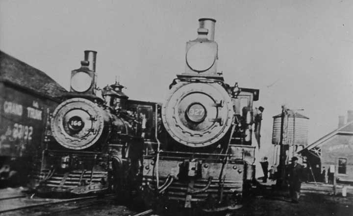 Grand Trunk Railway steam locomotives 166 and 327 at the South Paris Station