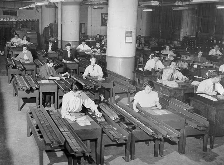 Canadian National Railways office staff using sortergraphs to organize express accounts