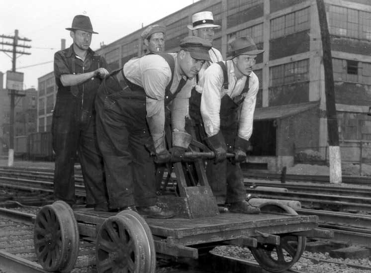 Sectionmen on pump handcar at Turcot Yard