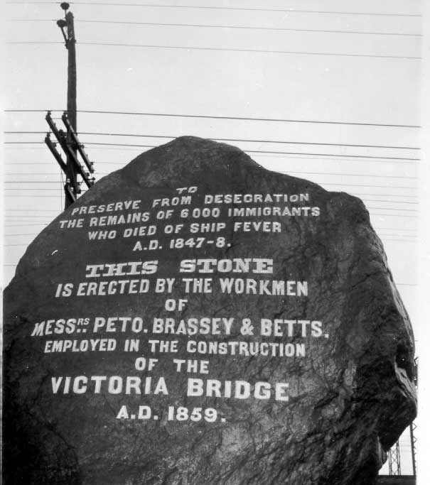 Stone erected by workmen of Victoria Bridge in recognition of the reburial of immigrant remains
