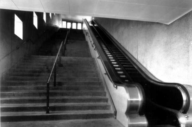 Escalator leading from station area to corner of Mansfield and Dorchester Streets
