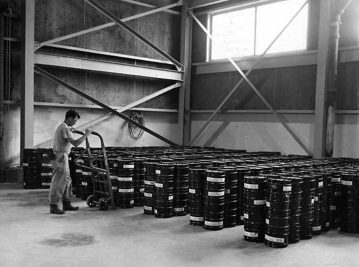 Interior of building S6 of the Sherritt Gordon Mines Ltd., where refined nickel is stored