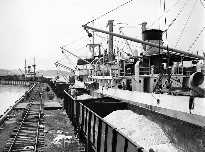 Ship unloading sulphur at the Campbellton docks