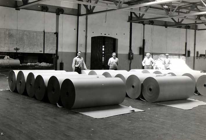 Stock room with rolls of paper