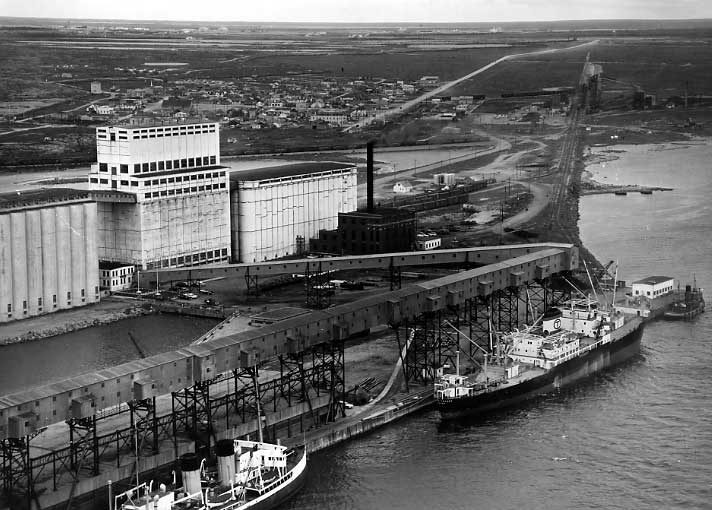 Aerial view of the port, grain elevator and town of Churchill, Manitoba