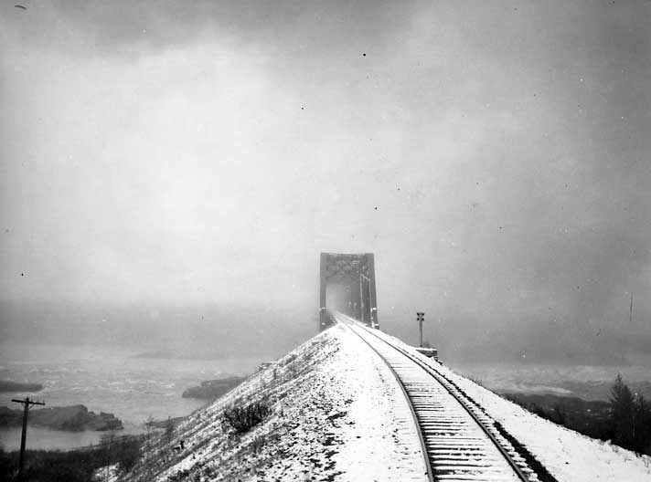 Kettle Rapids bridge in morning fog, Hudson Bay Railway Line
