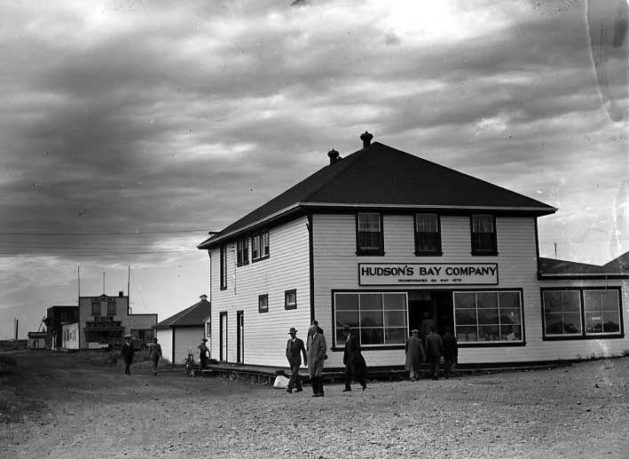 Excursion group stop at the Hudson Bay Company store, Churchill, Manitoba