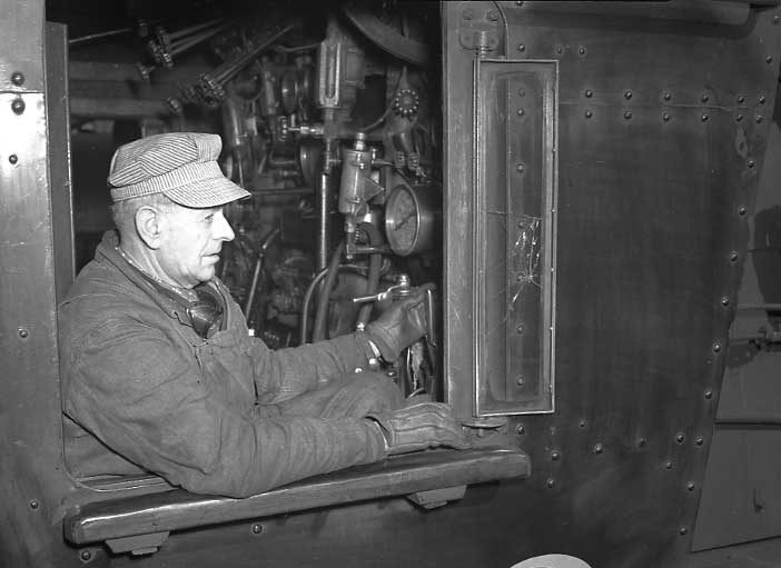 Engineer Hale in the cab of Central Vermont Railway U-1-a 4-8-2 staem locomotive 603