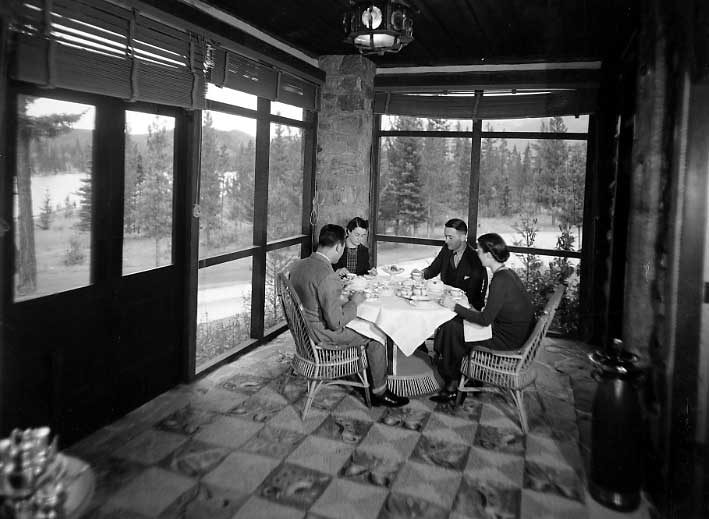 Afternoon tea on the veranda of Outlook Cabin, Jasper Park Lodge
