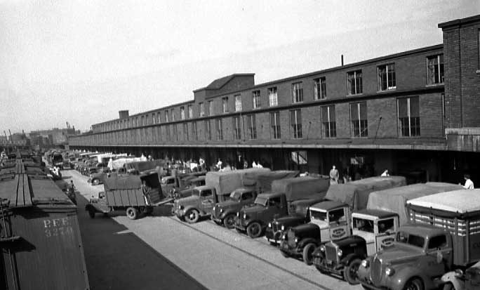 Trucks lined up at the loading doors of the Montreal Fruit Terminal