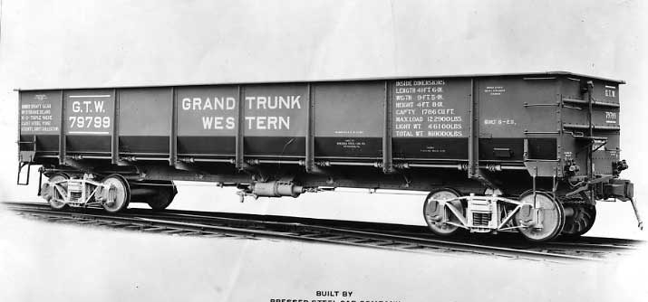 Grand Trunk Western side dump gondola 79799 with doors closed.  Built by Pressed Steel Car Co., Pittsburgh, PA in June 1923.