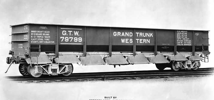 Grand Trunk Western side dump gondola 79799 with doors open.  Built by Pressed Steel Car Co., Pittsburgh, PA in June 1923.