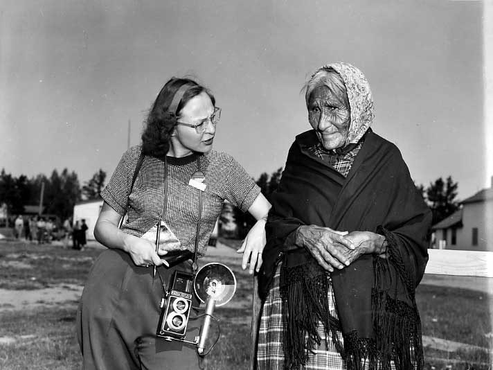 Journalist interviews Cree Elder in a community along the Hudson Bay Railway