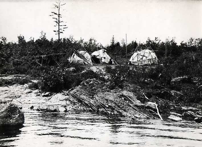 Ojibwa and dog at three dome-shaped birch bark wigwams along lake shore