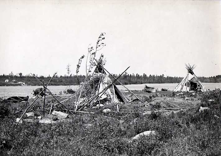 Two Ojibwa birch bark conical wigwams and two birch bark canoes on lakeshore.
Original caption: