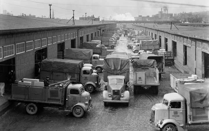 Freight trucks lined up at the loading doors, Bonaventure Station