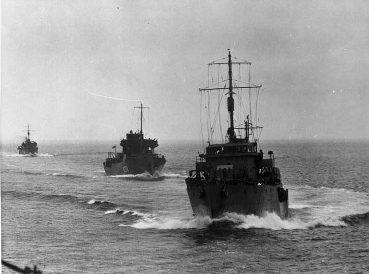Corvette of Royal Canadian Navy in convoy protecting merchant ships from U Boat attacks