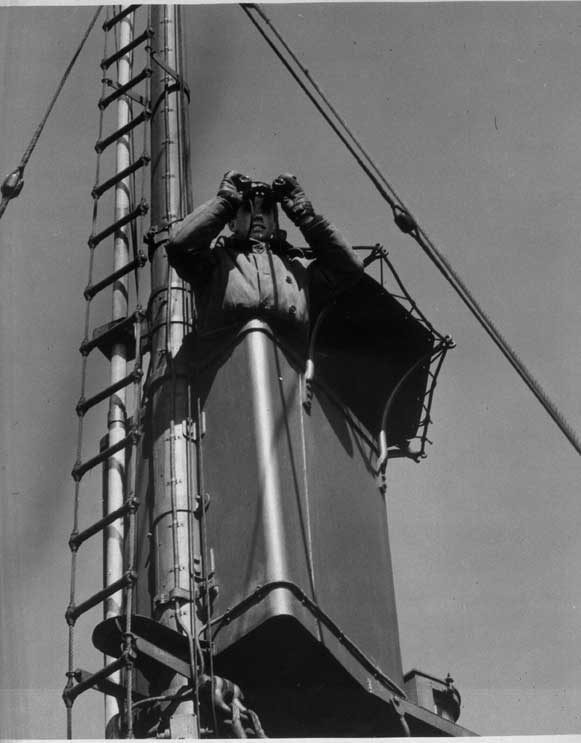 High above the ship, Keeping a careful watch for U-boats