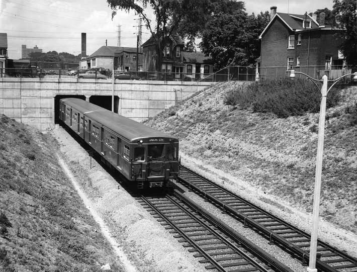 Subway train passing through a tunnel
