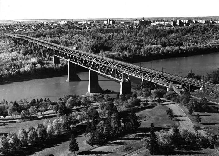 View of Edmonton's high level bridge, with cityscape in the background