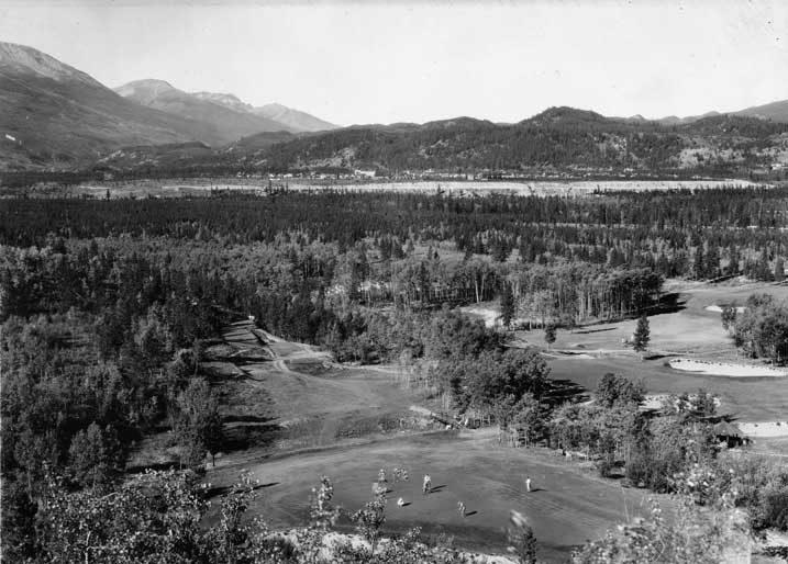 An aerial view of the Jasper Park Lodge golf course