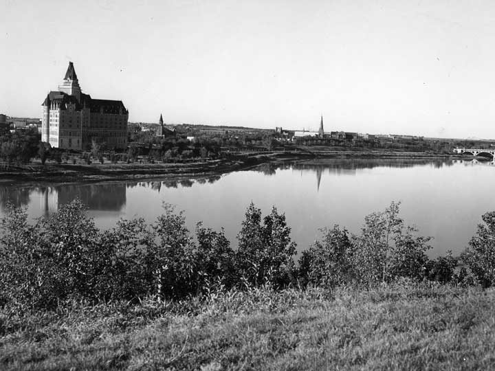 A view of the Bessborough Hotel across the Saskatchewan River