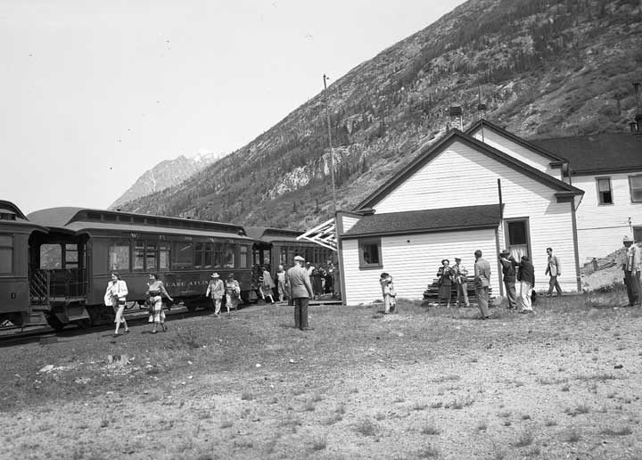 Passengers at the Lake Bennett train station, Yukon Territory