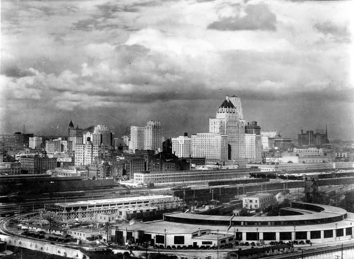 Roundhouse at the railway yard with the Royal York Hotel in the background, as seen from the waterfront