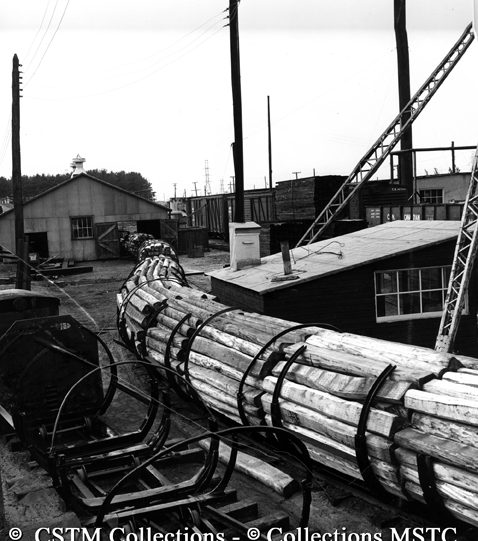 Untreated logs being transported on custom made spar carriers to be processed into rail ties