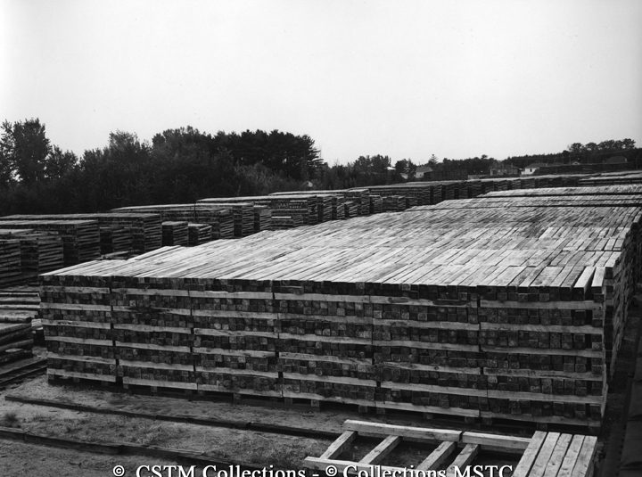 Railway ties piled high in the yard of the Wood Preservations Industries Ltd.
