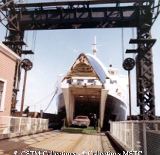 Cars exiting the MV Lucy Maud Montgomery at the Cape Tormentine ferry dock