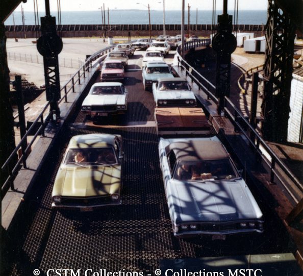 Cars lined up to get on the S.S. Vacationland at the ferry terminal