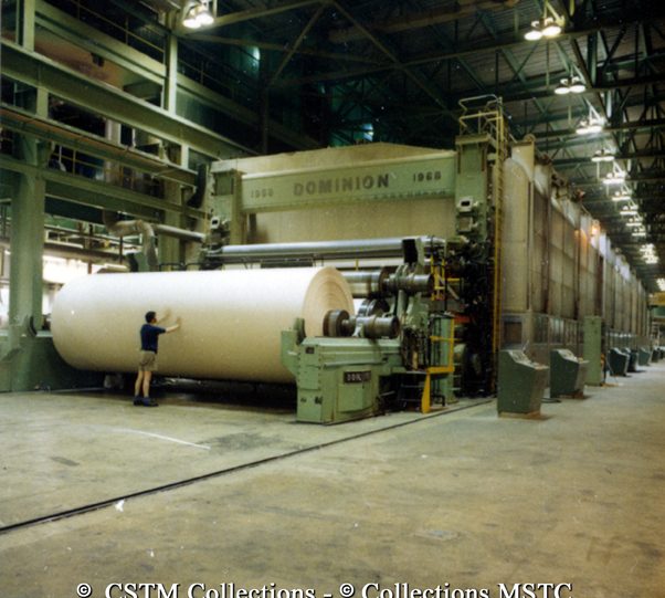Processed rolls of newsprint at the Gaspesia Paper Mill