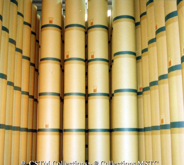 Rolls of paper stocked high at the Gaspesia Paper Mill