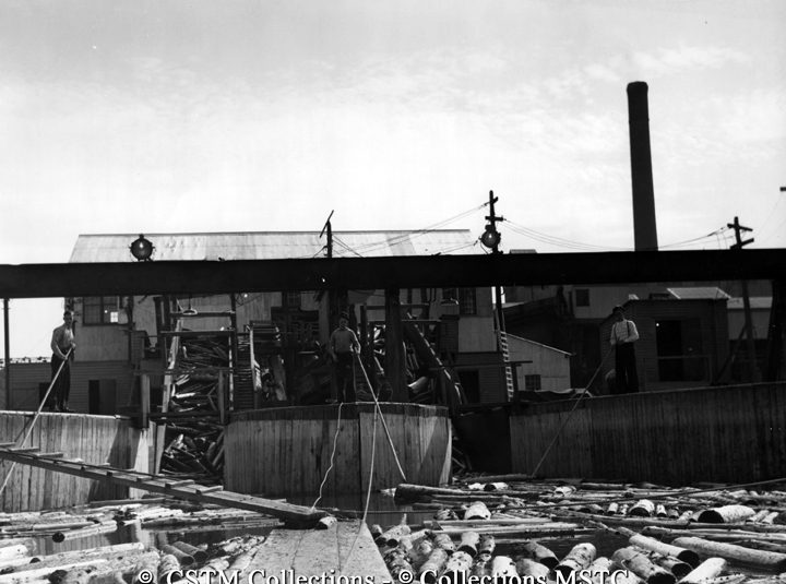 Employees of the Bowater’s Newfoundland Pulp and Paper Mills Limited directing the logs into the plant