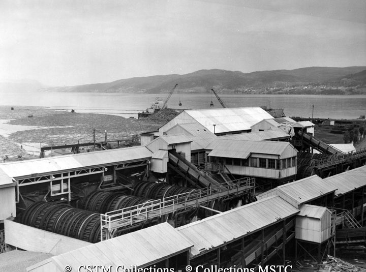 Exterior view of the Bowater’s Newfoundland Pulp and Paper Mills Limited, particularly the barking drums