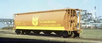 100 tonne steel cylindrical hopper car for grain built for the Canadian Wheat Board by National Steel Car Company in hamilton, Ontario in 1979