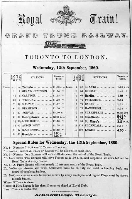 Royal Train schedule from Toronto to London, Grand Trunk Railway