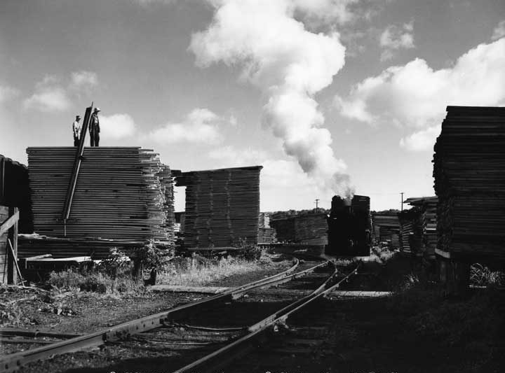 Shunting engine in lumber yard, Muskoka Wood Products Mill